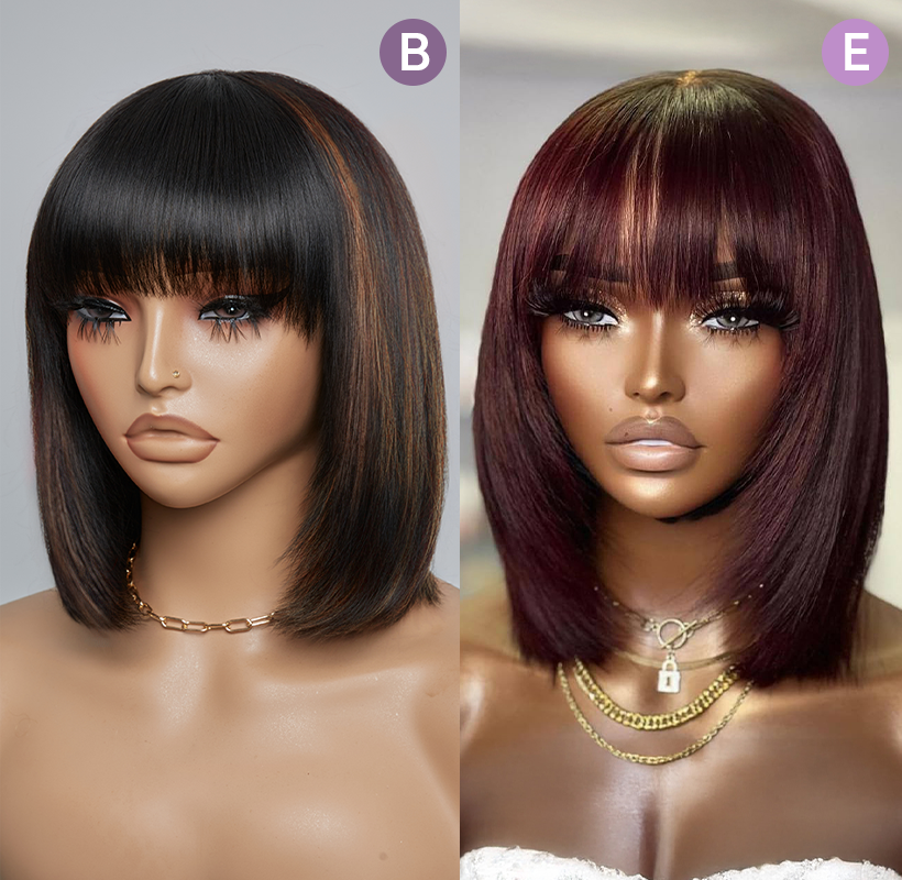 𝟐 𝐅𝐎𝐑 €99💥Diverses Combinaisons Glueless Perruque Noir/Chocolat/99J Frange Bob Lisse