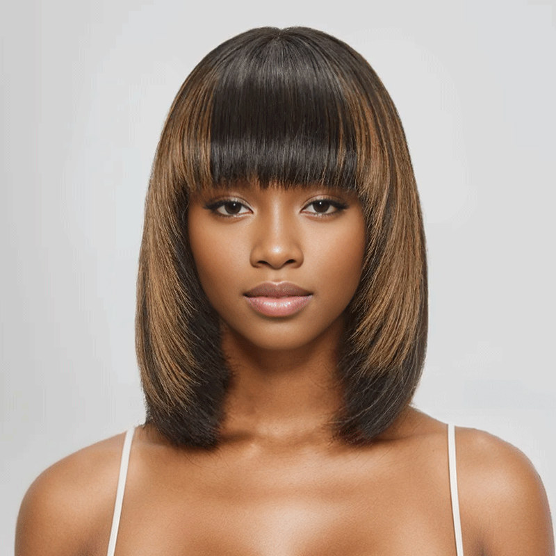 Glueless Couches Highlight Coloré Bob Perruque Sans Colle Avec Frange Lisse