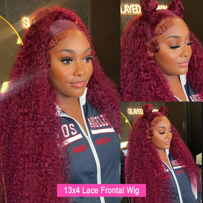 13x4 Burgundy/99J Lace Front Perruques Cheveux Humains Brésilienne Deep Curly