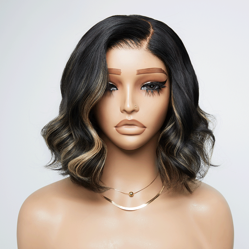 𝑼𝒘𝒂𝒗𝒚 𝑷𝒓𝒆𝒎𝒊𝒖𝒎 𝑳𝒊𝒏𝒆 Confort Glueless Highlight Blonds 7x4 Bob Ondulé Perruque Sans Colle