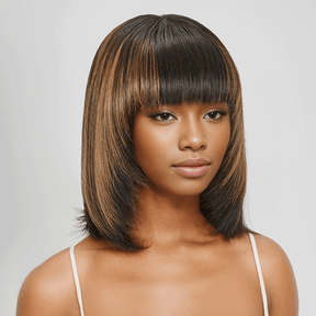 Glueless Couches Highlight Coloré Bob Perruque Sans Colle Avec Frange Lisse