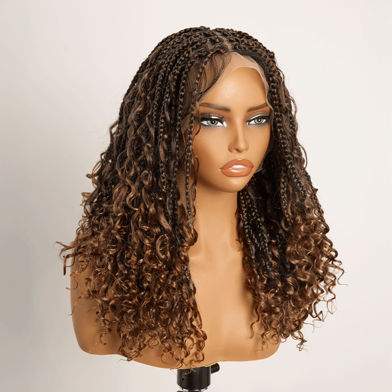 𝑼𝒘𝒂𝒗𝒚 𝑷𝒓𝒆𝒎𝒊𝒖𝒎 𝑳𝒊𝒏𝒆 Perruque Tressée Bohème Ombre Brun En Dentelle Intégrale Avec Cheveux Bébé Synthétique 300% Densité