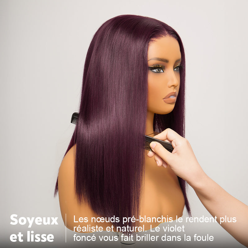 𝑼𝒘𝒂𝒗𝒚 𝑷𝒓𝒆𝒎𝒊𝒖𝒎 𝑳𝒊𝒏𝒆 Soyeux Glueless Couleur Pourpre Foncé 5x5 Nœuds Blanchis Bob Perruque Sans Colle Lisse