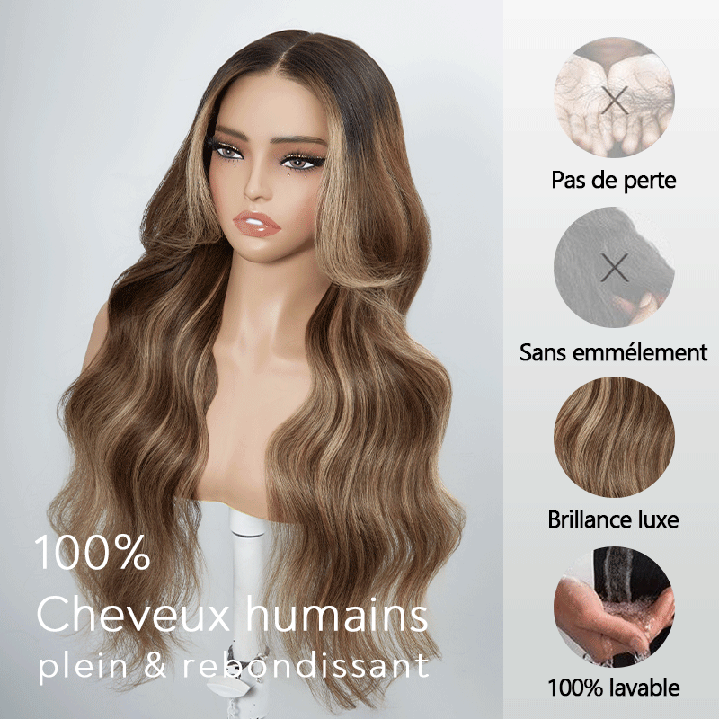 Brillance Naturelle Glueless 13×4 Highlight Perruque Sans Colle Ondulé 250% Densité