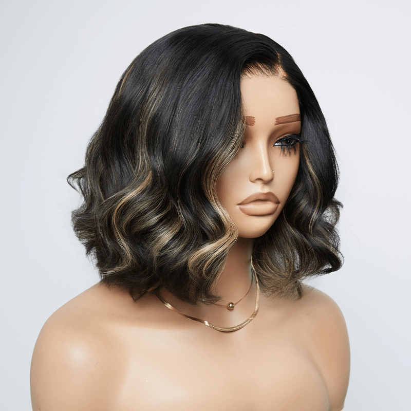 𝑼𝒘𝒂𝒗𝒚 𝑷𝒓𝒆𝒎𝒊𝒖𝒎 𝑳𝒊𝒏𝒆 Confort Glueless Highlight Blonds 7x4 Bob Ondulé Perruque Sans Colle