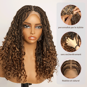 𝑼𝒘𝒂𝒗𝒚 𝑷𝒓𝒆𝒎𝒊𝒖𝒎 𝑳𝒊𝒏𝒆 Perruque Tressée Bohème Ombre Brun En Dentelle Intégrale Avec Cheveux Bébé Synthétique 300% Densité