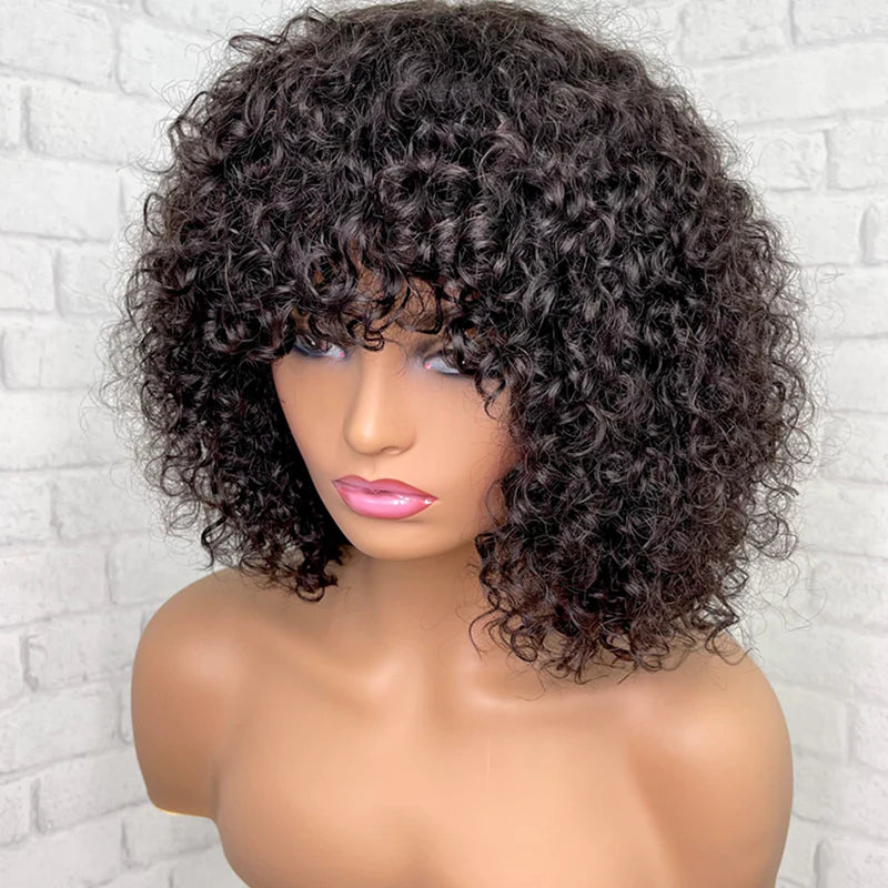 Courte Frange Perruque Bob Cheveux Humains Brésiliens Curly - Uwavy