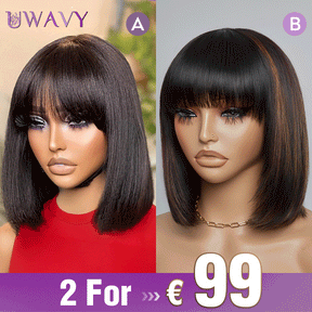 𝟐 𝐅𝐎𝐑 €99💥Diverses Combinaisons Glueless Perruque Noir/Chocolat/99J Frange Bob Lisse