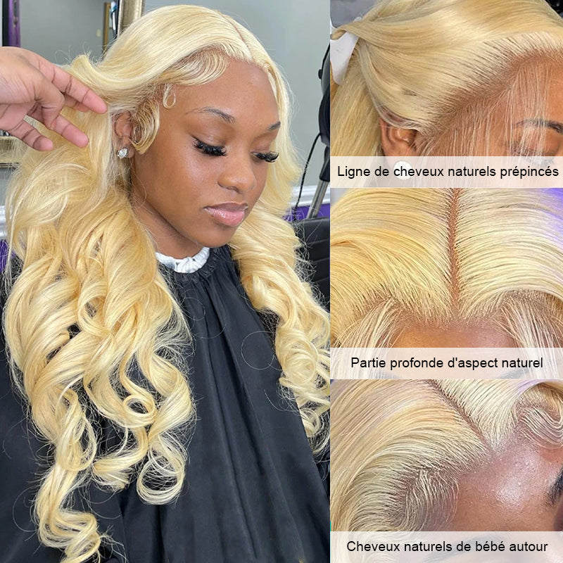 13X4 Dentelle  613 Blonde Upgraded Bleached Knots Body Wave Perruque sans colle